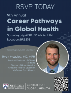 Poster with the following information: Career Pathways in Global Health Saturday, April 20th 10am - 1pm Biomedical Research Building (BRB 252)